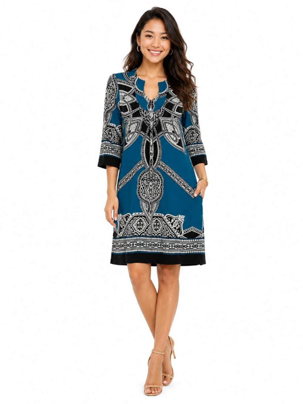 Intermission Dress Size 4 Turquoise Knit Dress Art Deco Print 3/4 Slv
